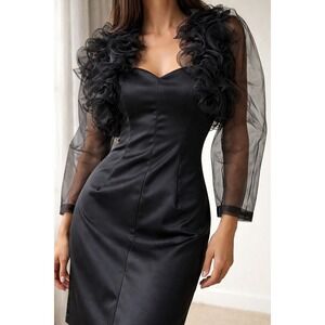 Black Satin Sheath Dress with Ruffled Organza Bolero Jacket Size S